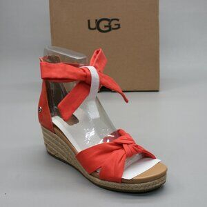 UGG Ladies 6.5 Yarrow Red Canvas Suede Bow Tie Jute Wedge Heel Back-zip Sandals